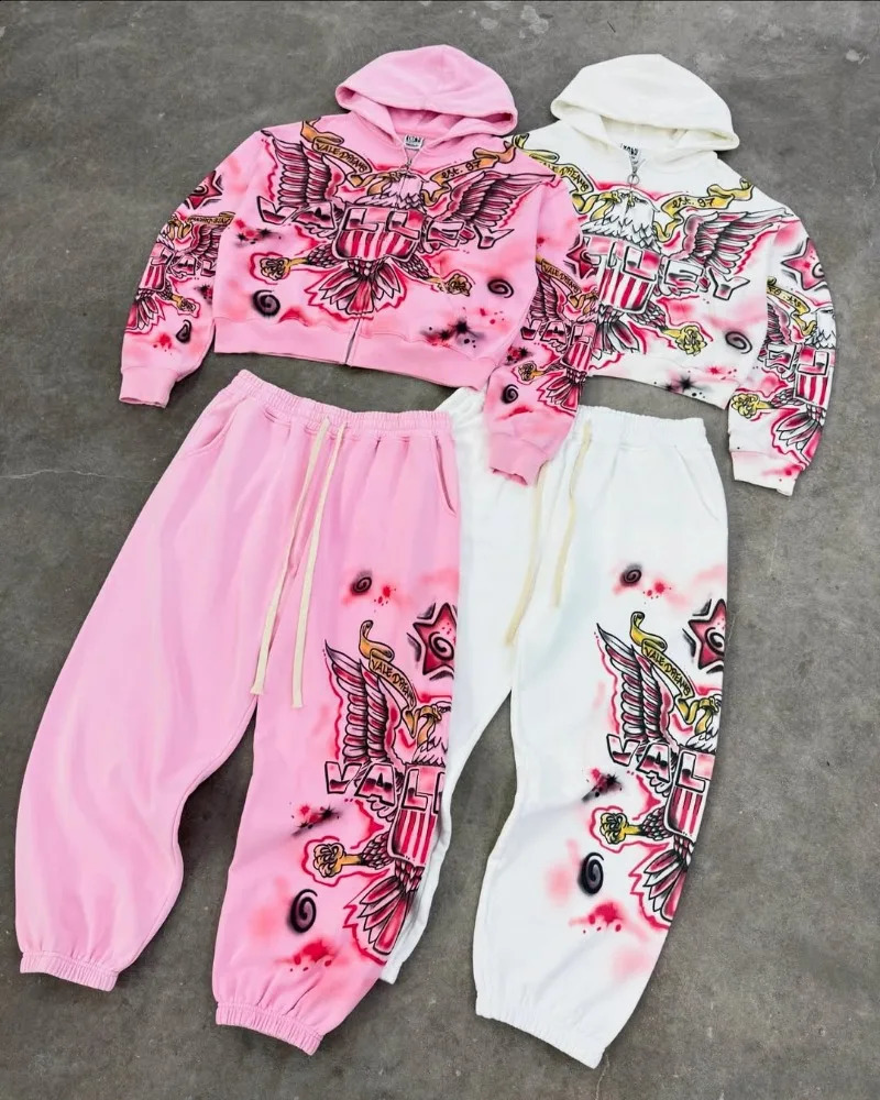 European and American men clothing set Y2k fashion oversized patterned printed sportswear Harajuku retro loose casual 250911