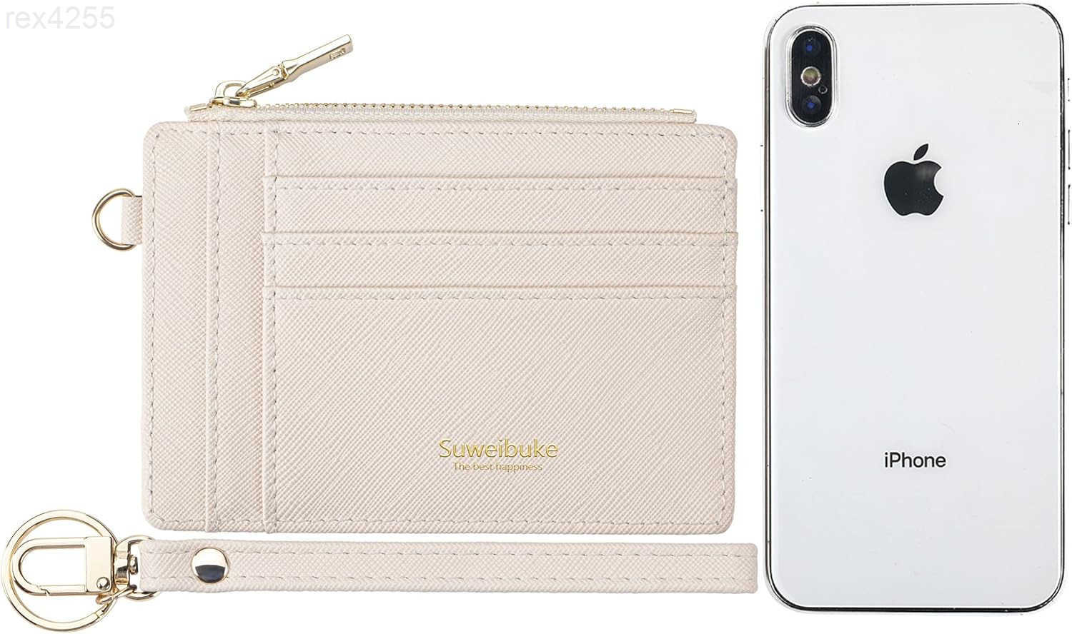 Women Slim Rfid Blocking Credit Card Case Holder Wristlet Zip ID Case Wallet Small Compact Leather Wallet Coin Purse with Keychain BeigeW250911