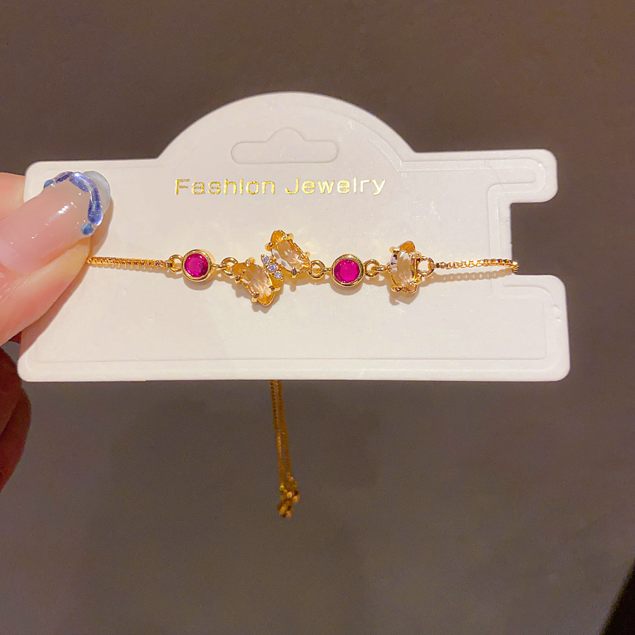 Gold - Toned Bracelet With Magenta Round Crystals, Clear Accent Stones Delicate Daily & Elegant Jewelry Gift For Her High - Quality And Colorful Acces