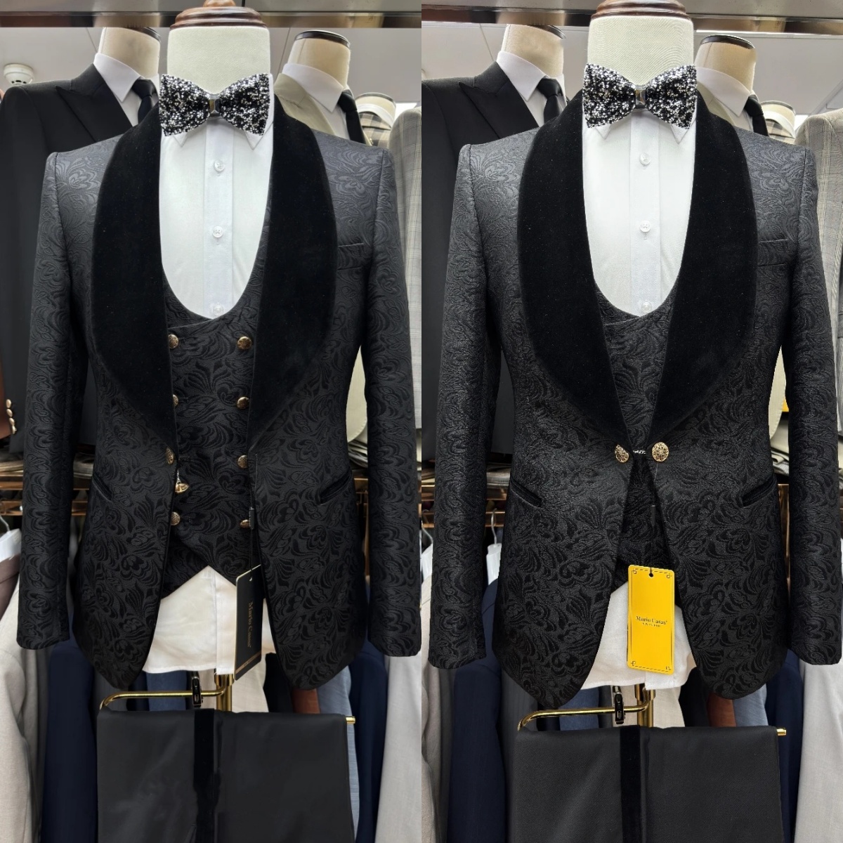 Vintage Men's Suit Jacquard Tailor-Made 3 Pieces Set Jacket Shawl Lapel Blazer Velvet One Button Groom Customized Coat Vest Pants Plus Size