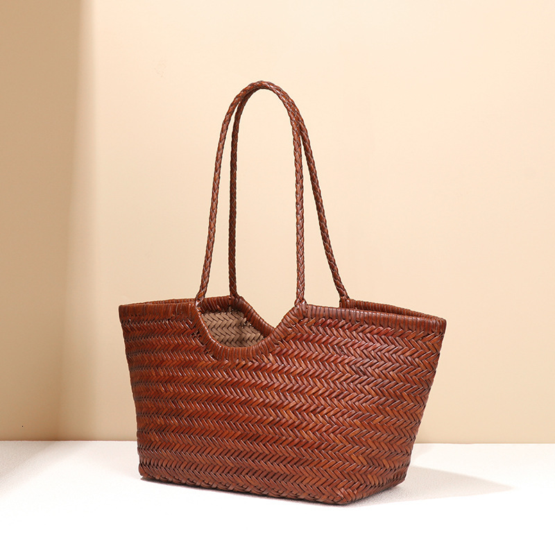 New Women's Spring Summer French Tote Genuine Leather Woven Basket Ins Style Irregular Shoulder Bag