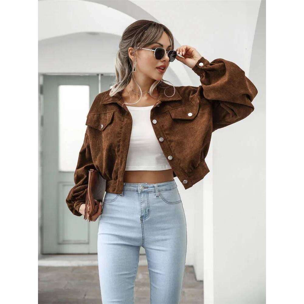 Corduroy Short Jacket Women Loose Tops Spring Autumn Turndown Collar Lantern Sleeve Casual Coat Lady Streetwear Outerwear