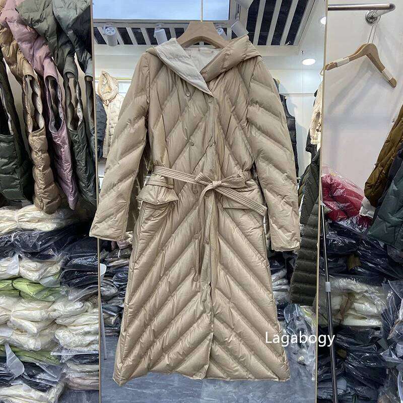 Lagabogy 2025 Winter Coat Women Long Windproof Hooded Warm 90%White Duck Down Jacket Female Double-Breasted Slim Parka With Belt