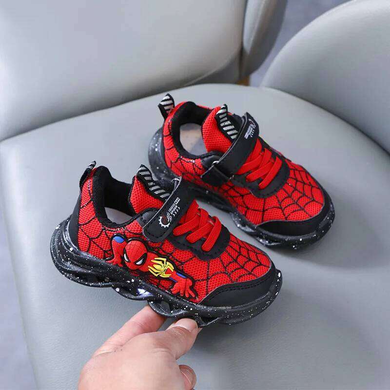 LED Casual Sneakers Red Black For Spring Boys Mesh Outdoor Children Lighted Non-slip Shoes Size 21-30