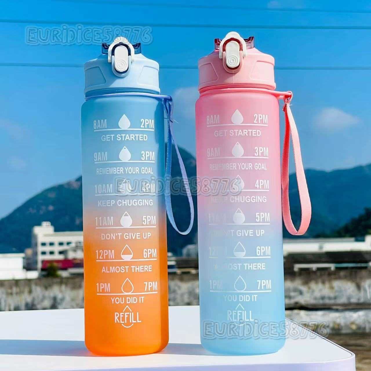 Gradient Color Matte Plastic Sports Cup with Handle Rope Portable Fitness Water Bottle with Bouncing Straw Space Cup with Lock H250911