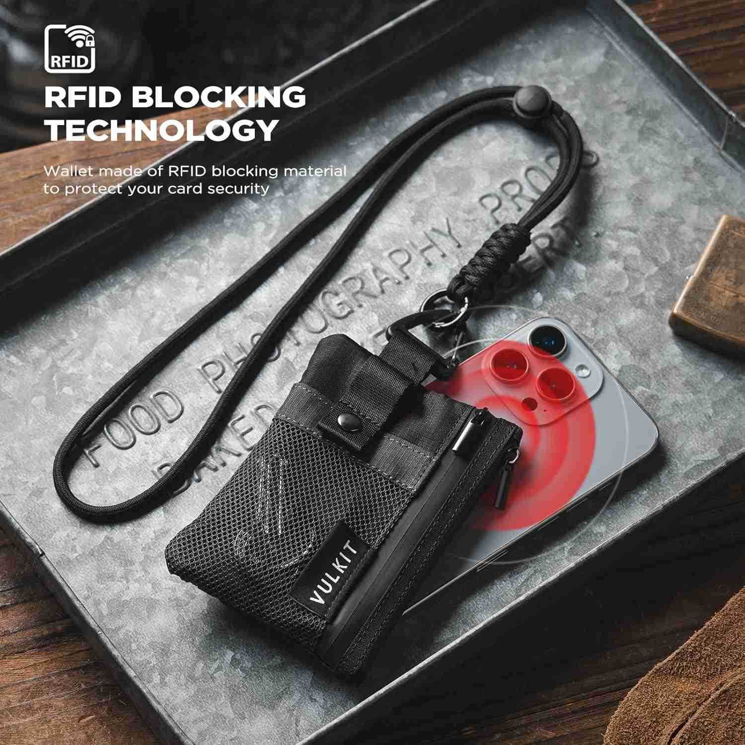 Small RFID Wallet for Women Men Minimalist Zipper Wallet with ID Window Keychain Carabiner Holds 15 Cards Water Resistant Travel Lanyard Wallet BlackW