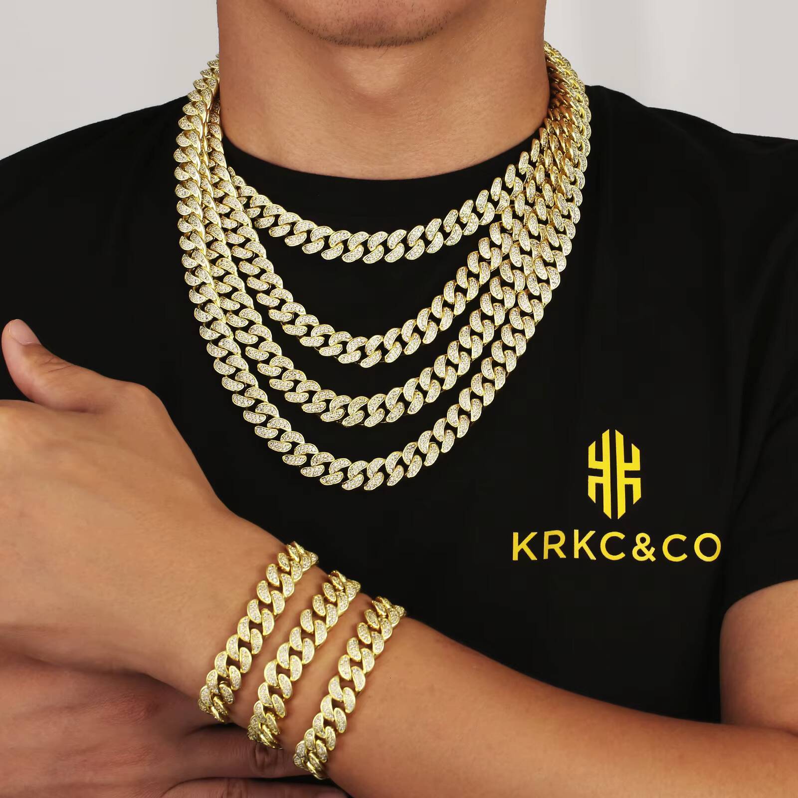 KRKC Wholesale Hiphop Cuban Necklace Gold Plated Bling Prong Link Women Fine Jewelry Diamond CZ Iced Out Miami Cuban Chain Men