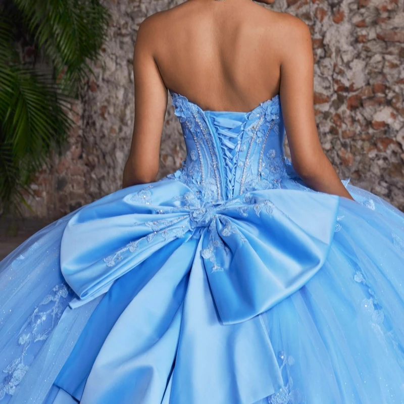 Sky Blue Shiny Quinceanera Dresses Ball Gown Off The Shoulder Applique Lace Beading Crystal Bow Tull Sweet 16 Dress Vestidos 15 Anos
