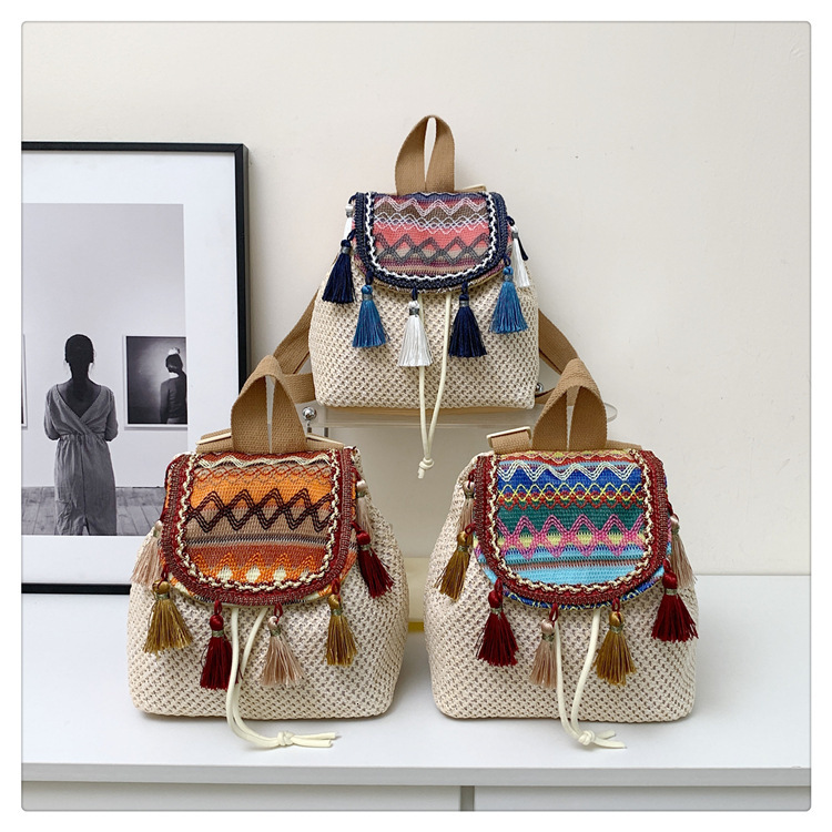 Free Shipping Designer Bag Ethnic Style Cross-border Backpack For Women 2025 New Wholesale Woven Vintage Bag Fashion Luxury Bag Color-block Casual Tra