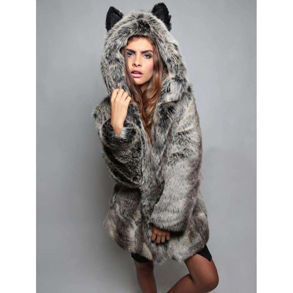 New Fox Hair Hooded Collar Mid Length Women's Fur Coat Hat