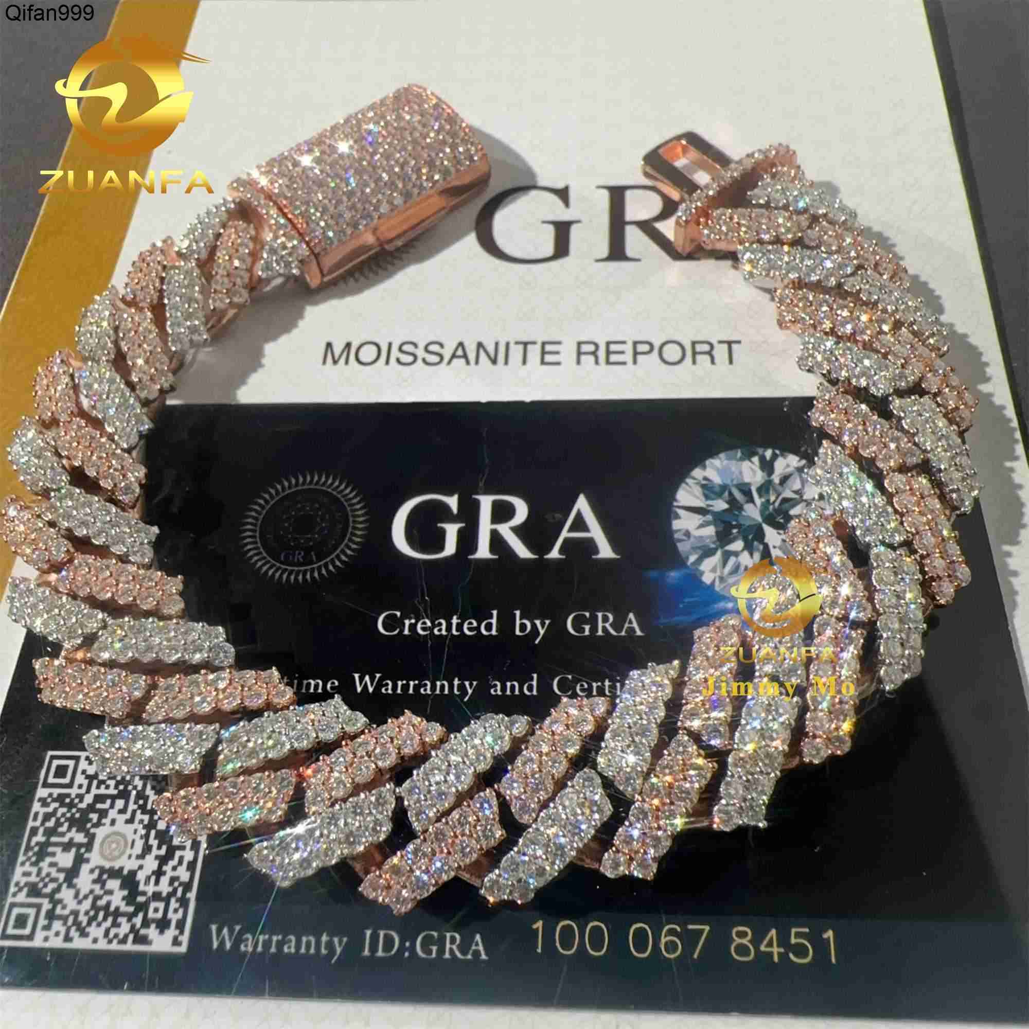 15mm Two Tone Color RoseWhite Rapper Man Jewelry Hip Hop Iced Out S 925 Silver VVS1 Moissanite Diamond Miami Cuban Bracelet