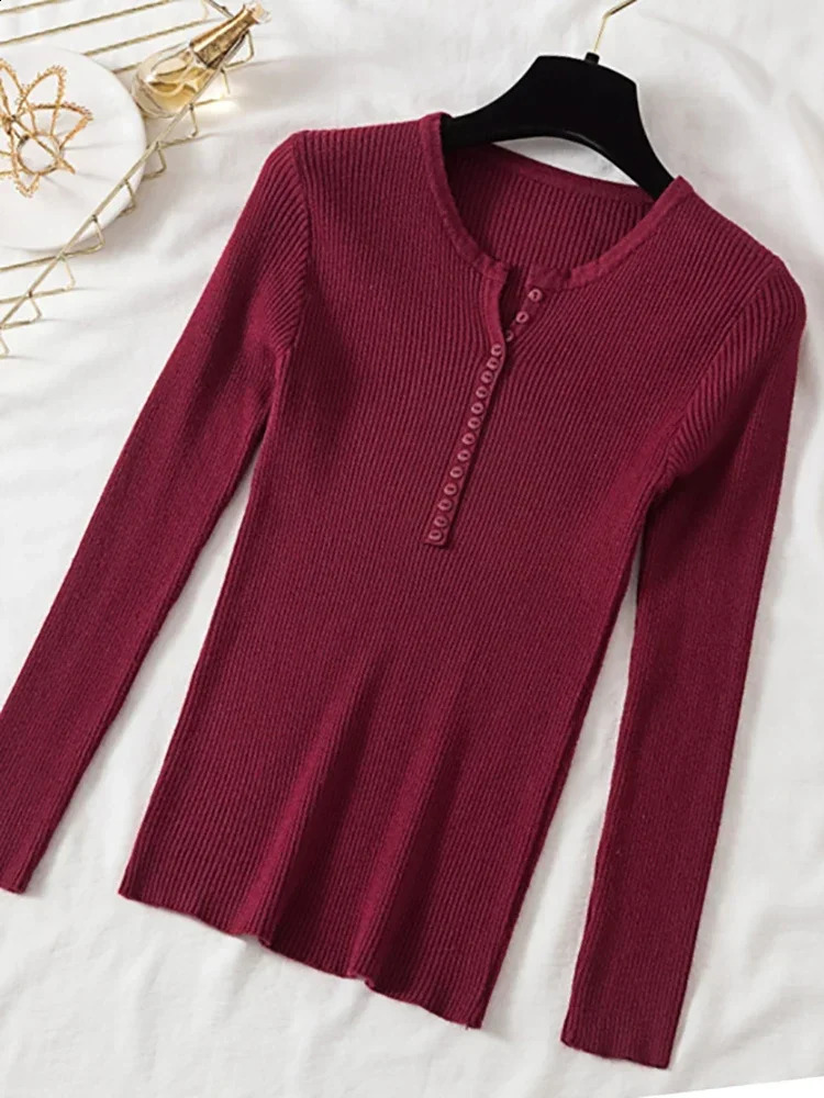 Autumn Winter Button Knitwear V Neck Sweater Women Basic Slim Pullover Sweaters And Pullovers Knit Jumper Ladies Tops 250911