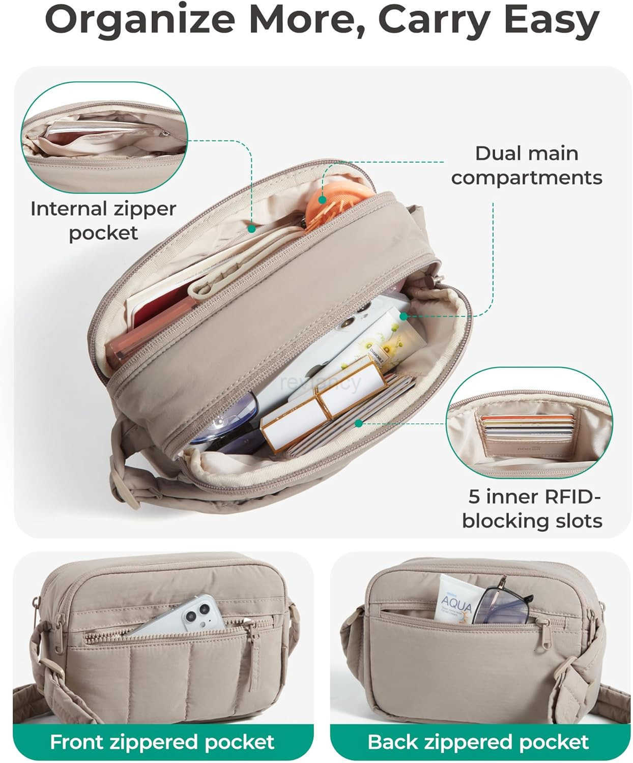 Cross Body Purse Mini Crossbody Bags for Women Travel Purse Puffy Shoulder Handbag Wallet with RFID Blocking SlotsW250911