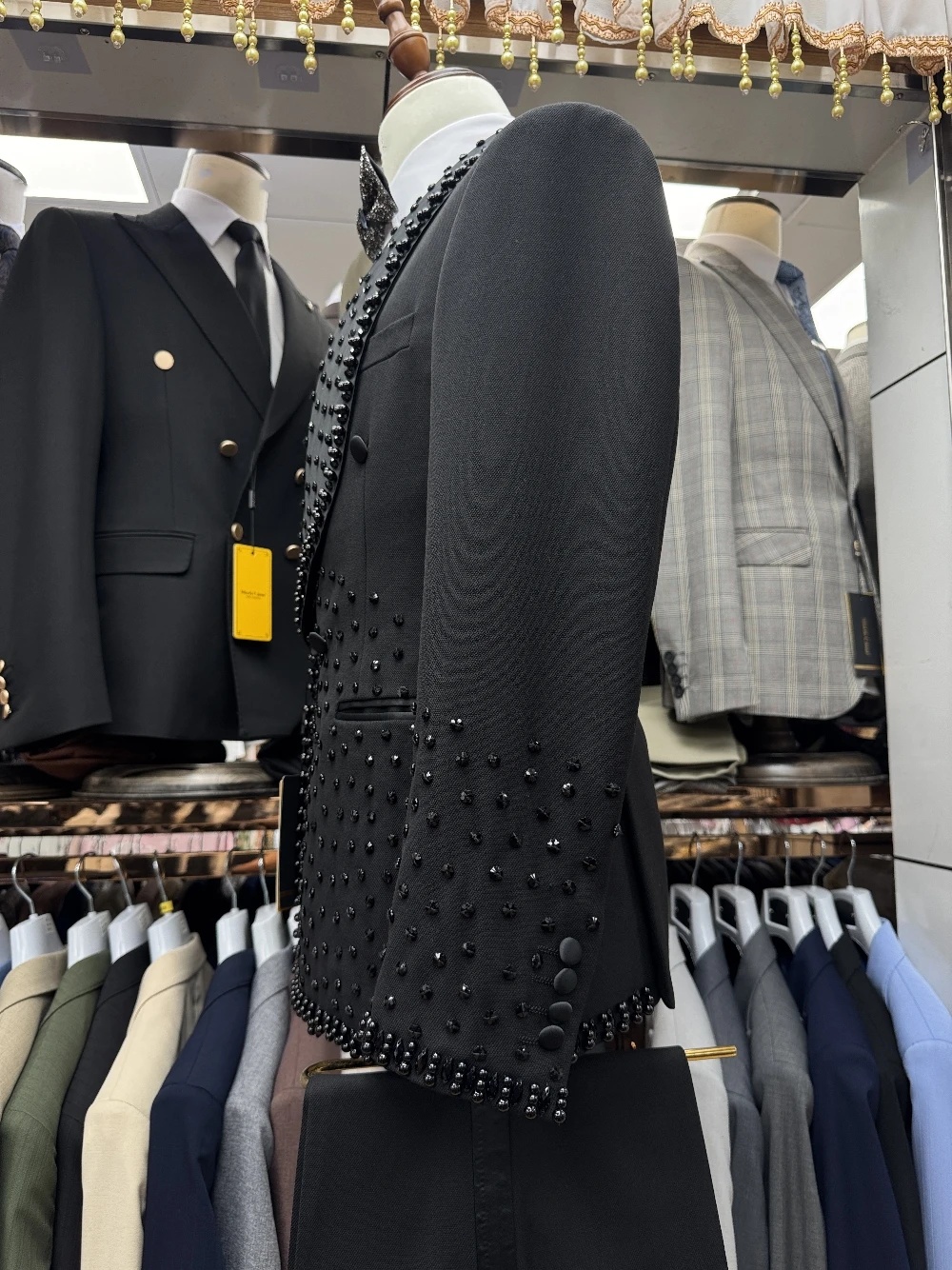 Vintage Men's Suit Crystal 2 Pieces Set Jacket Tailor-Made Blazer Double Breasted Beaded Rhinestone Groom Customized Coat Pants Plus Size