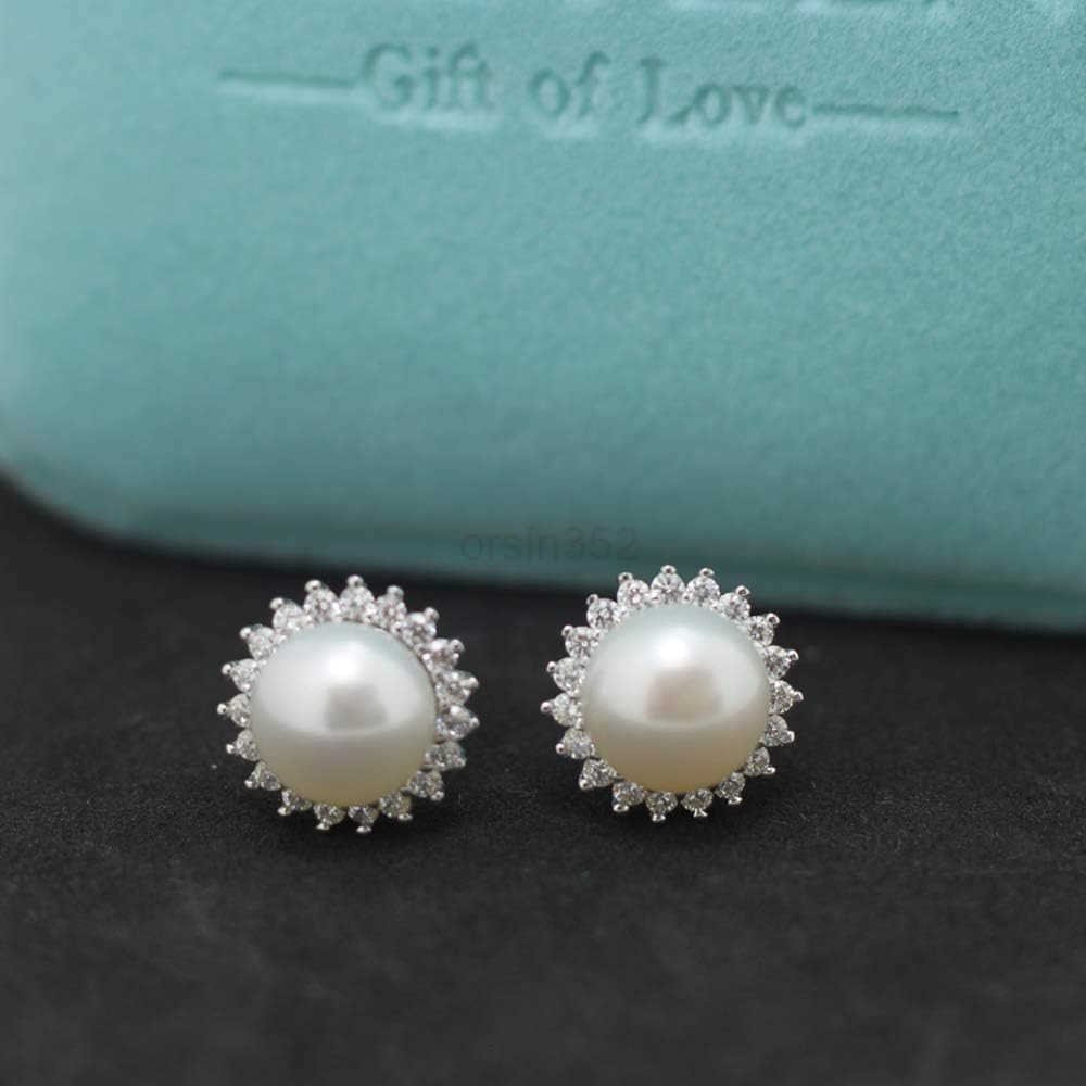 Sterling Silver 859mm White Freshwater Cultured Pearl Earrings Studs AAA Zirconia Earrings Gift for WomenW250911
