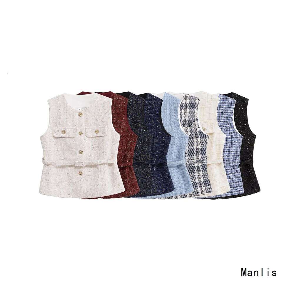 DHEssentials Ins Women's Fashion 20205 New Round Neck Waist-Cinching Little Chanel Style Multi-Color Belt Decorated Vest
