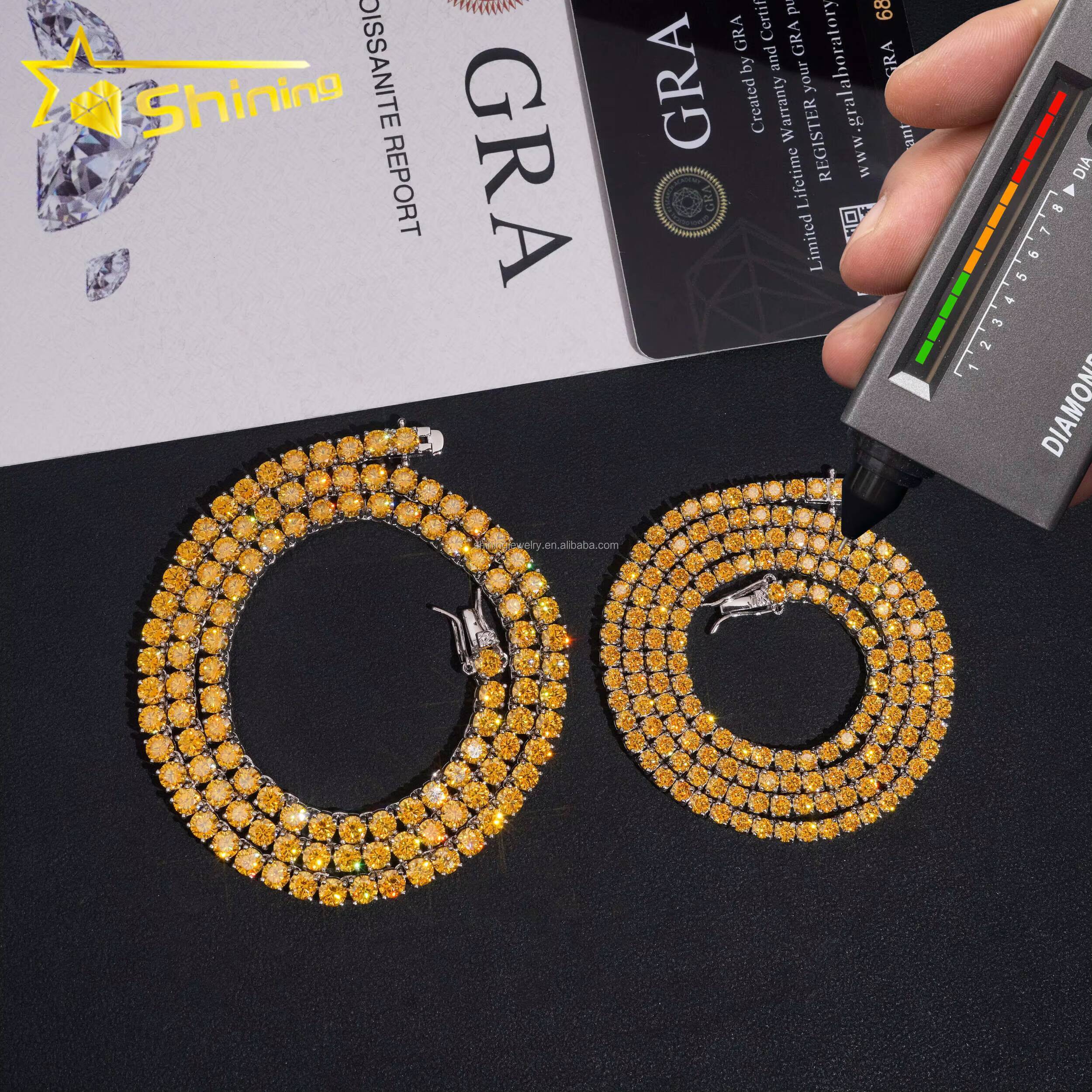 Hip Hop Jewelry New Style 925 Silver 3mm 4mm Yellow Gold Color Tennis Moissanite Chain High Quality Custom Necklace for Men