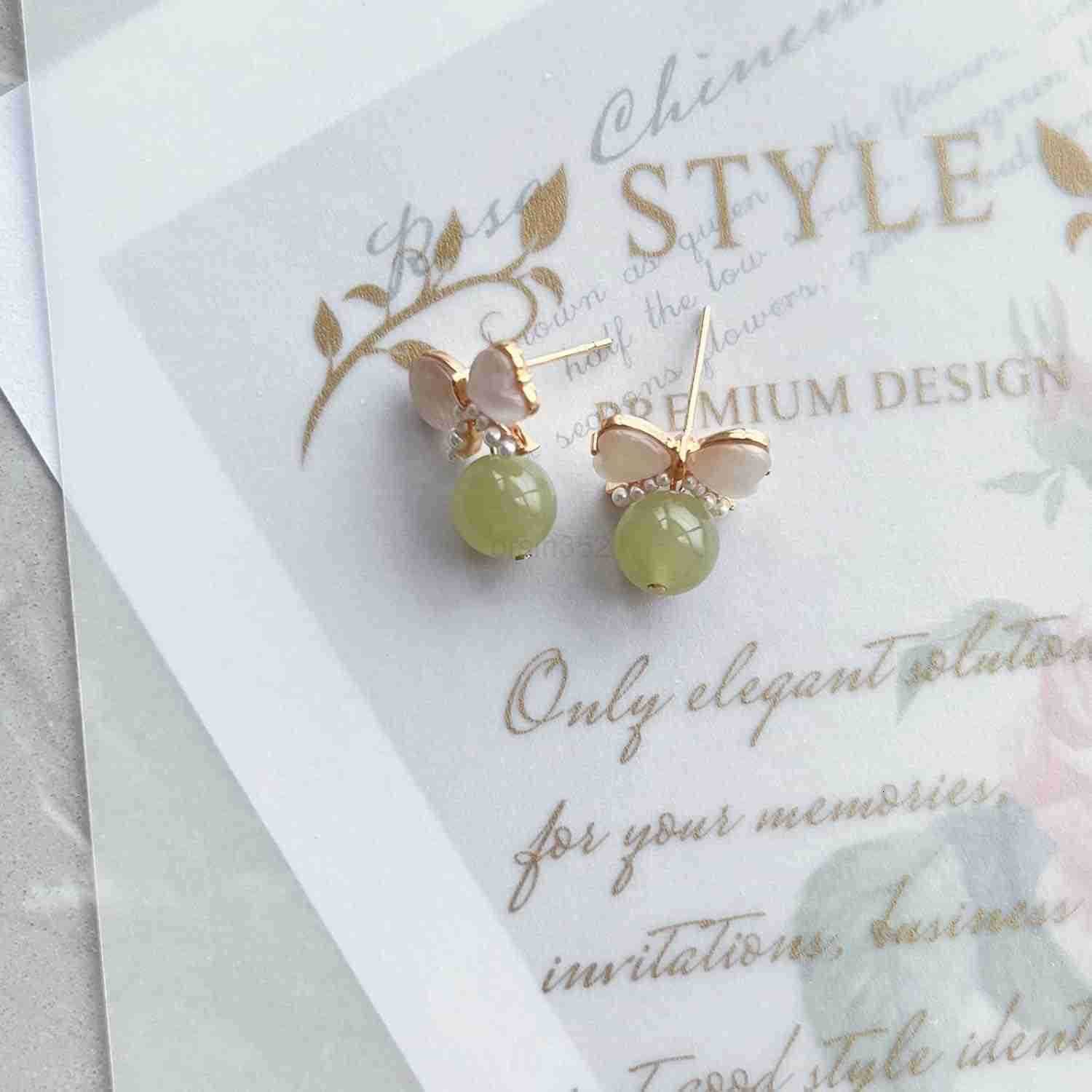 Natural Hetian Jade Bow Earrings Dainty Green Real Jade Charm Pendant Jewelry Studs Handmade Ear Stud Earrings Hoop Earrings for Women 925 Sterling Si