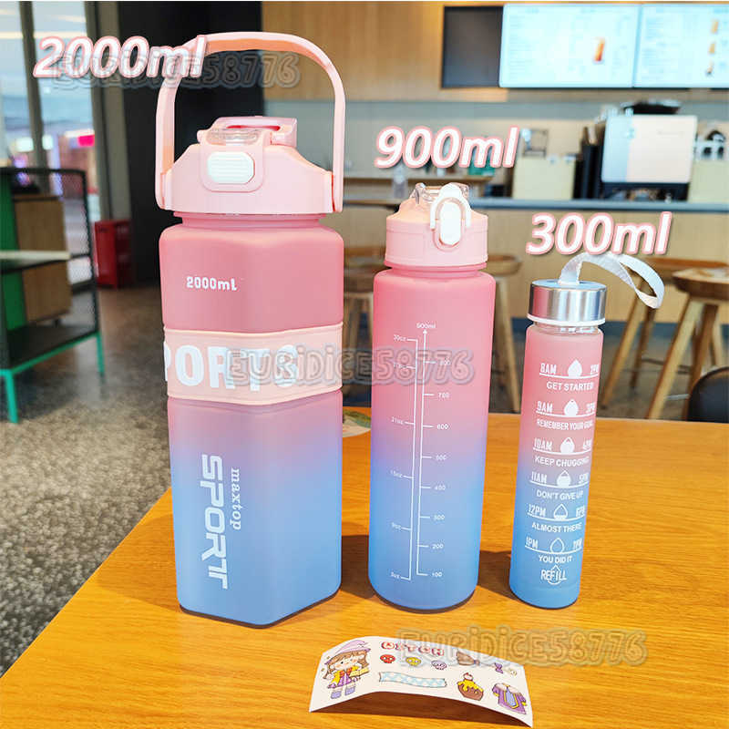 Large Capacity Pet Plastic Cup Gradient Threepiece Set Double Drinking Straw Water Cup Outdoor Sports Portable Handle Cold Water Bottle H250911