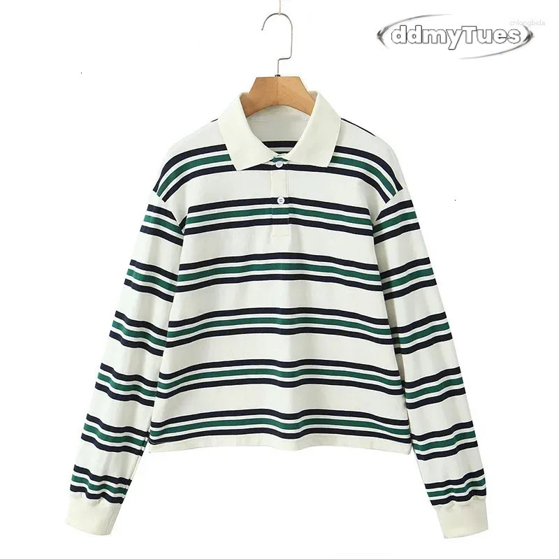Women's T Shirts Fashion Stripe T-shirt Casual Long Sleeve Female All Match Polo Shirt 2025 Spring Ladies Loose Tops High Street TUES