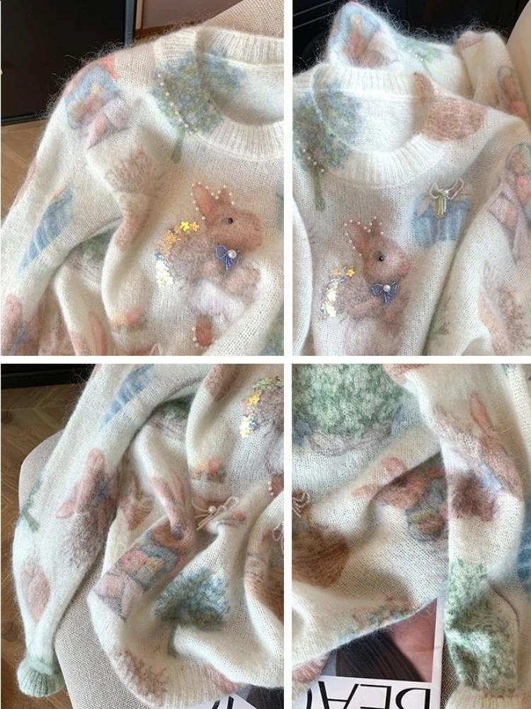 n Bunny Beadprinted Mohair Sweater Womens Autumn and Winter Sweet Soft Waxy Knitted Top y2k clothes 250911