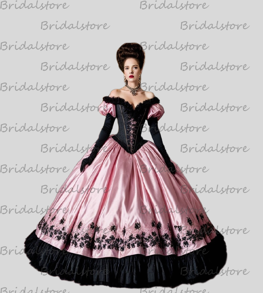 Elegant Victorian Pink Evening Dress With Black Lace Short Sleeve Rococo Renaissance Prom Dress 2025 Gothic Costume Formal Ceremony Party Gowns Vestio