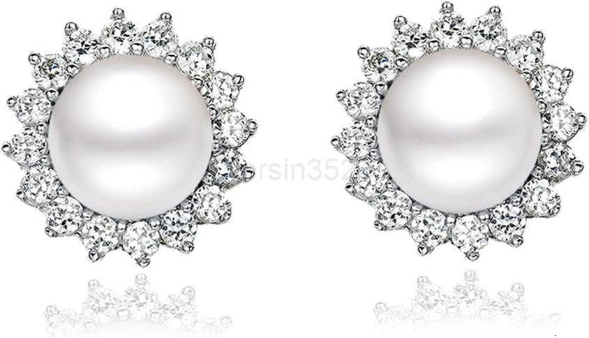 Sterling Silver 859mm White Freshwater Cultured Pearl Earrings Studs AAA Zirconia Earrings Gift for WomenW250911