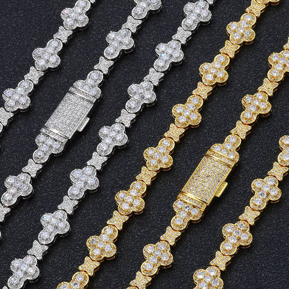 HipHop Iced Out Jewelry New Style Shiny Diamond Cross Link Chain Women Full Pave Zircon Gold Plated Flower Chain Choker Necklace