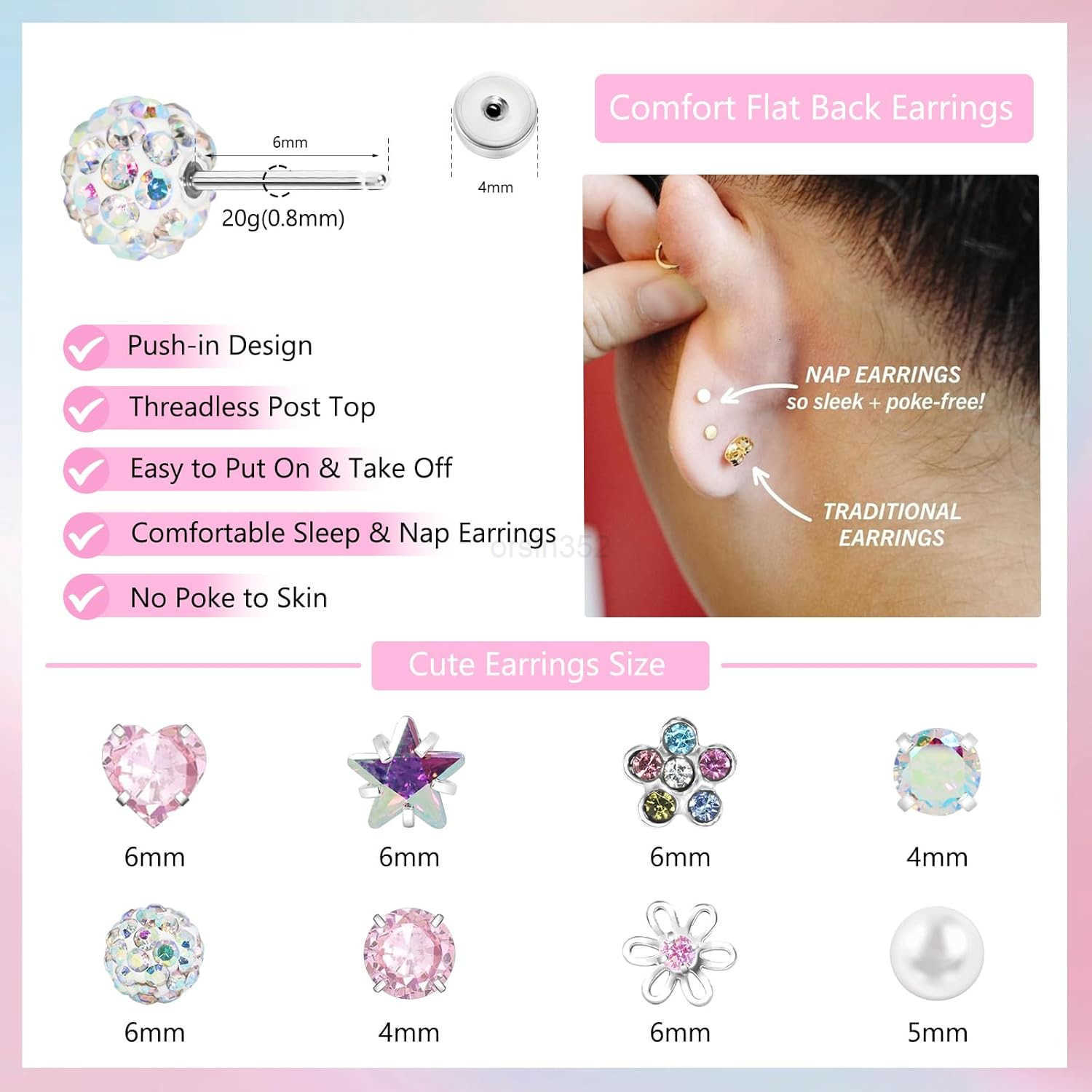 Earrings for Girls Pushin Titanium Hypoallergenic Threadless Flat Back Earrings for Women Sensitive Ears Cartilage Cute Small Pearl Star Flower Heart 