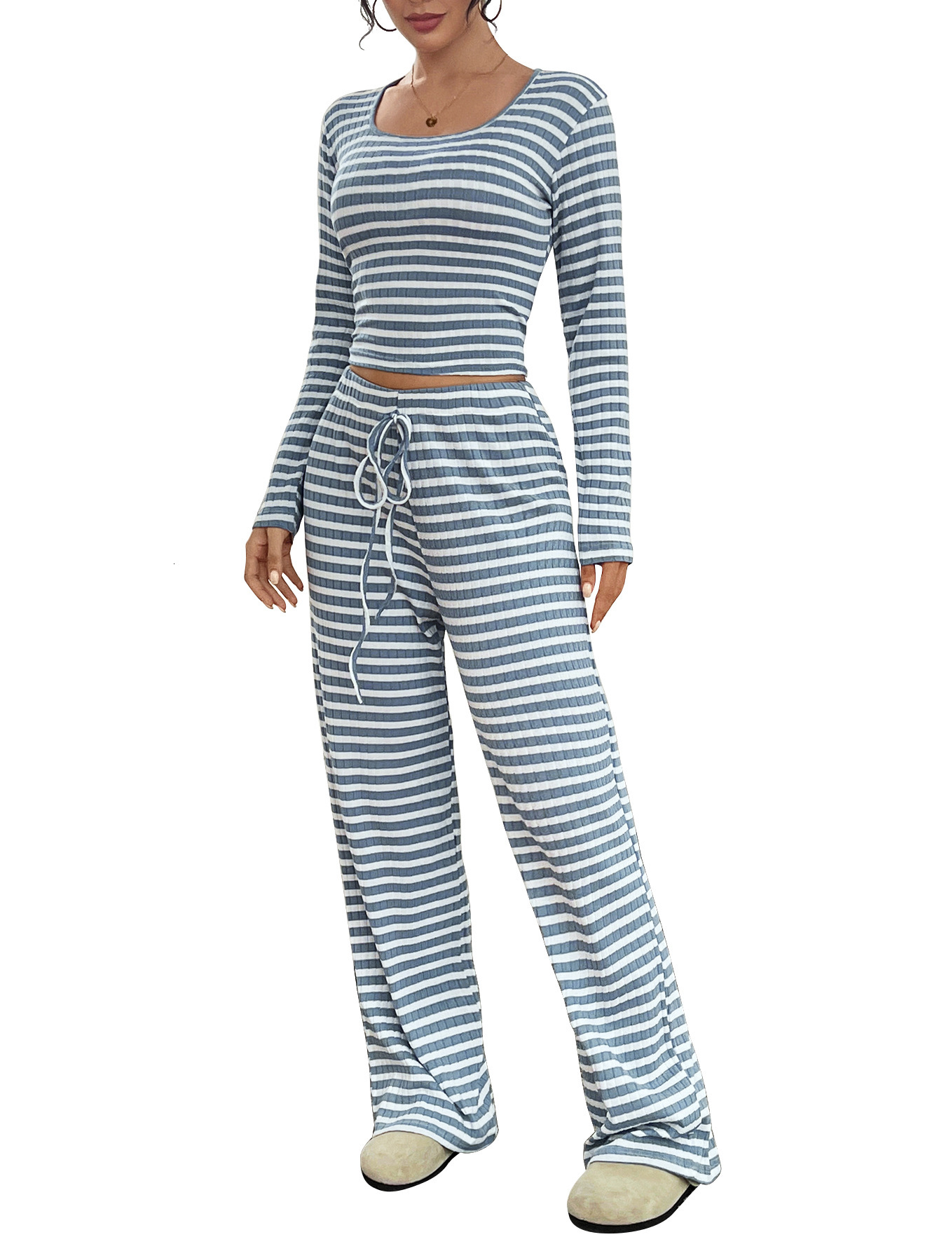 2025 Autumn New Women's S-striped Square Women's Long sleeved Top Collar Long sleeved Drawstring Pants Set Autumn/Winter New Designer Knitte