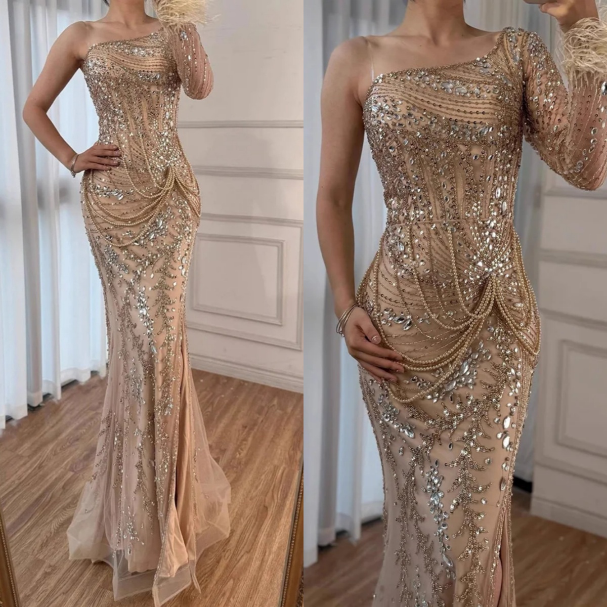 Charming Mermaid Evening Dress One Shoulder Long Sleeve Prom Gowns Crystal Sequins Beaded Floor Length Party Dresses Customized