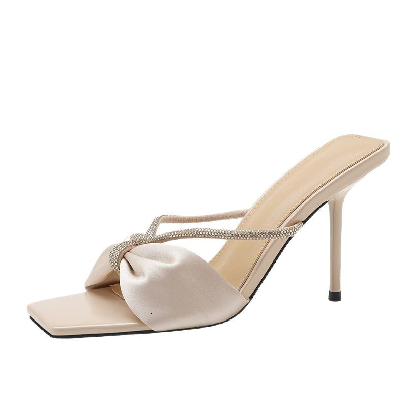 2025 Autumn New Women's Bare Satin Water Diamond Strap Sandals Trendy Versatile Fashion Style Butterfly Dew Toe High Heels Designer Shoes