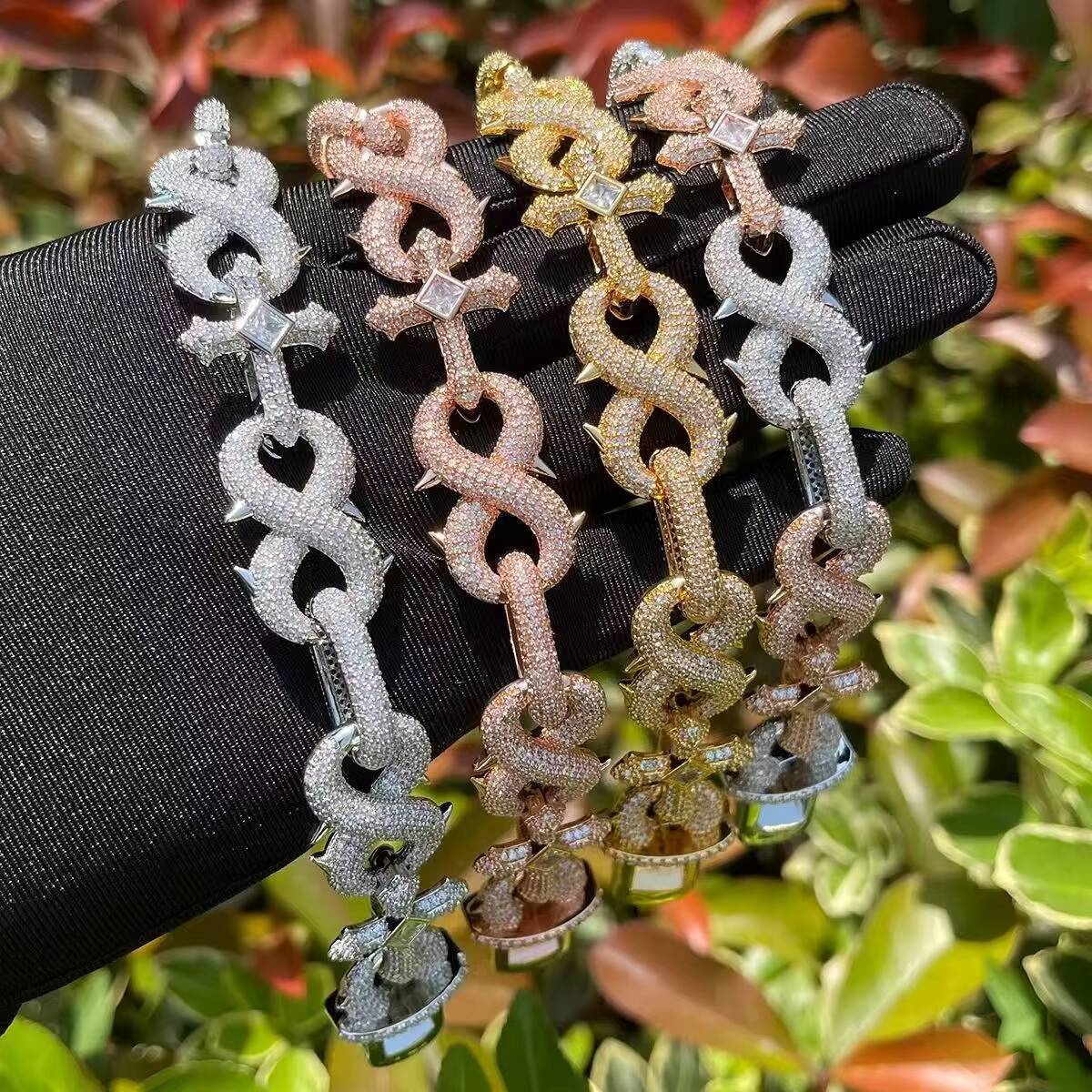 925 Sterling Silver Iced Chain Hip Hop Necklace Number 8 Spiked VVS D Color Moissanite Cuban Cross Link Stylish Jewelry