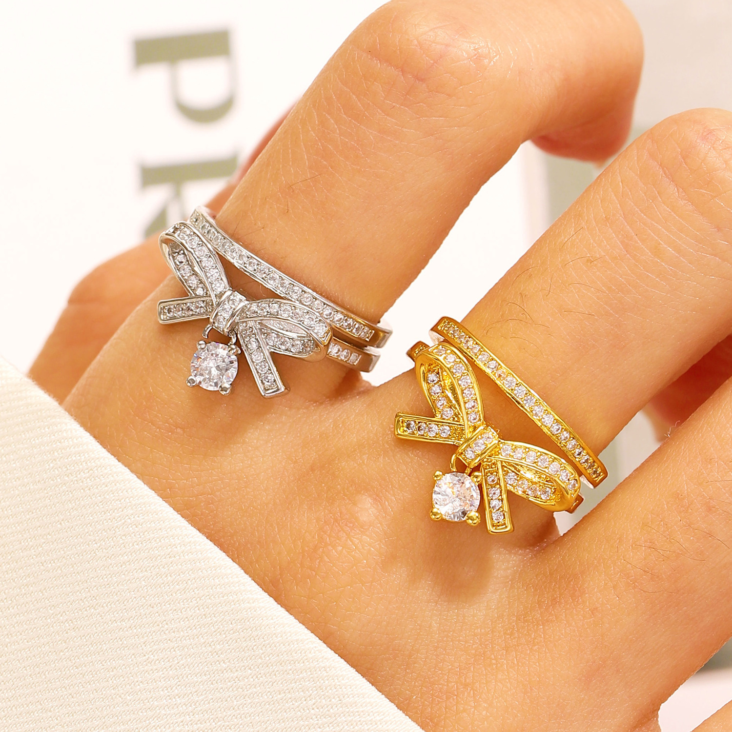 New Copper Inlaid mond Bowknot For Women, Ins Style Design Sense, Wheat Spike Open Index Finger Ring