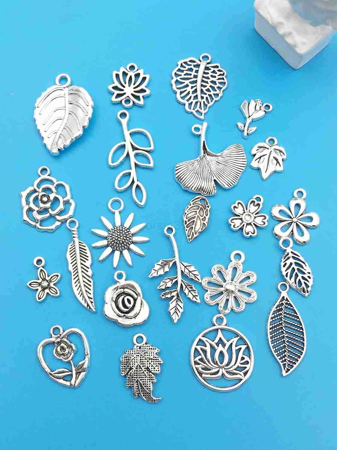 80pcs Alloy Silver Plant Leaf Small Flower Set Series Pendant Jewelry Making DIY Keychain Earrings Pendant Various Design Charms for Jewelry Making Br