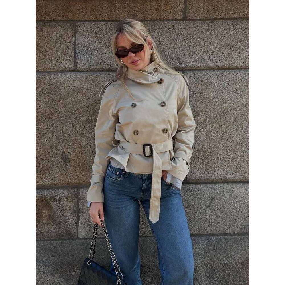 Spring Double Breasted Trench Coat With Belts Women Elegant Stand Collar Long Sleeve Jacket Office Lady Windbreaker Street Tops