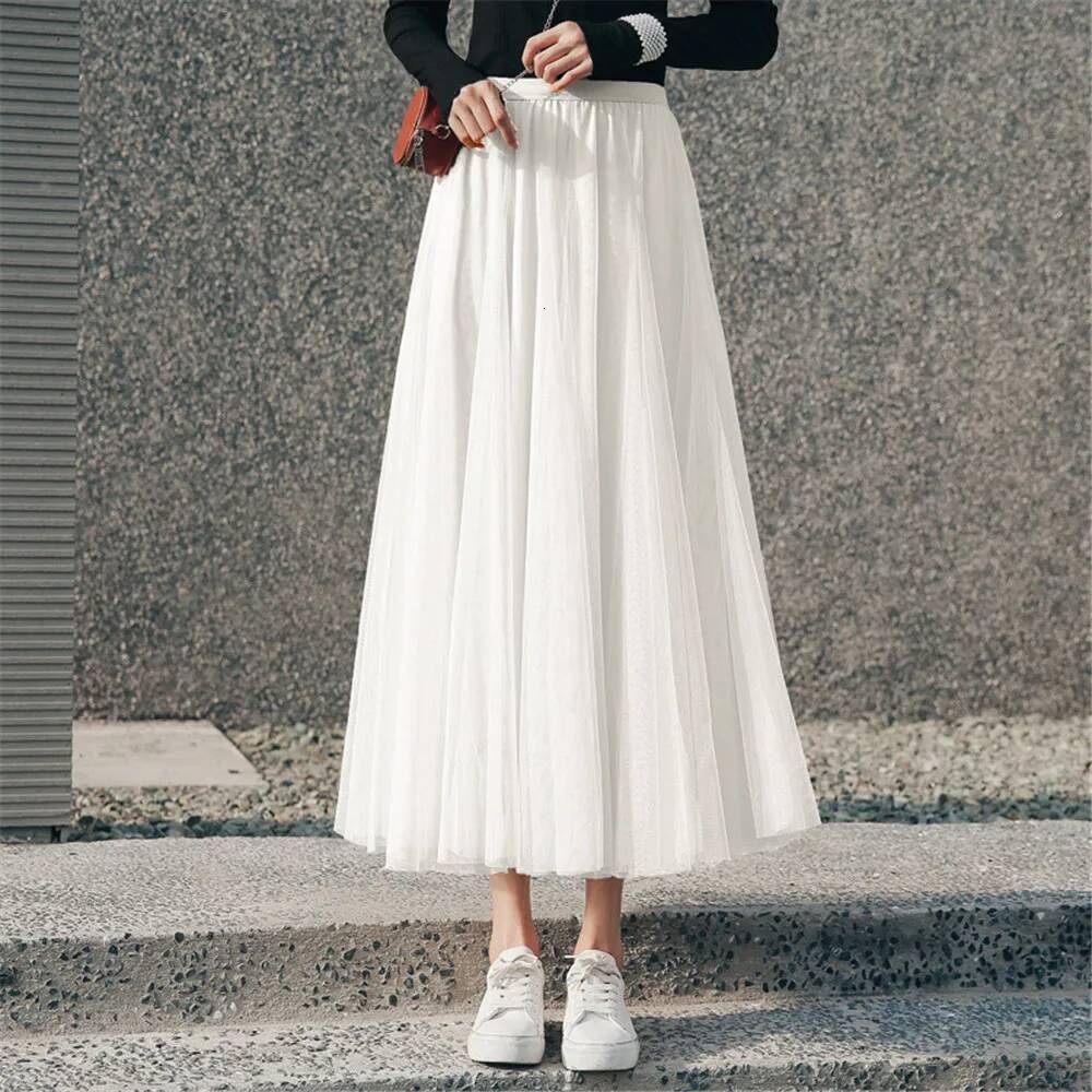New Women Mesh Elastic Tutu Beach Spring Summer Korean High Waist Fashion Pleated Long Skirt Black White Tulle Skirts dongdumaoyi