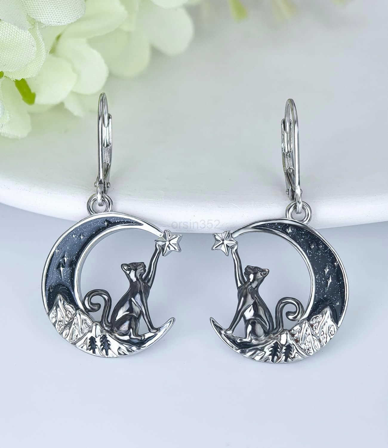 Black Cat4th of JulyBatSpiderPumpkinWolfBunnySun and MoonTurtleRaven 925 Sterling Silver Leverback Dangle Earrings Moon Gothic Christmas Earrings JeW2