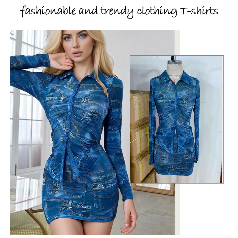 Women's Long Sleeve Denim - Print Bodycon Shirt Dress