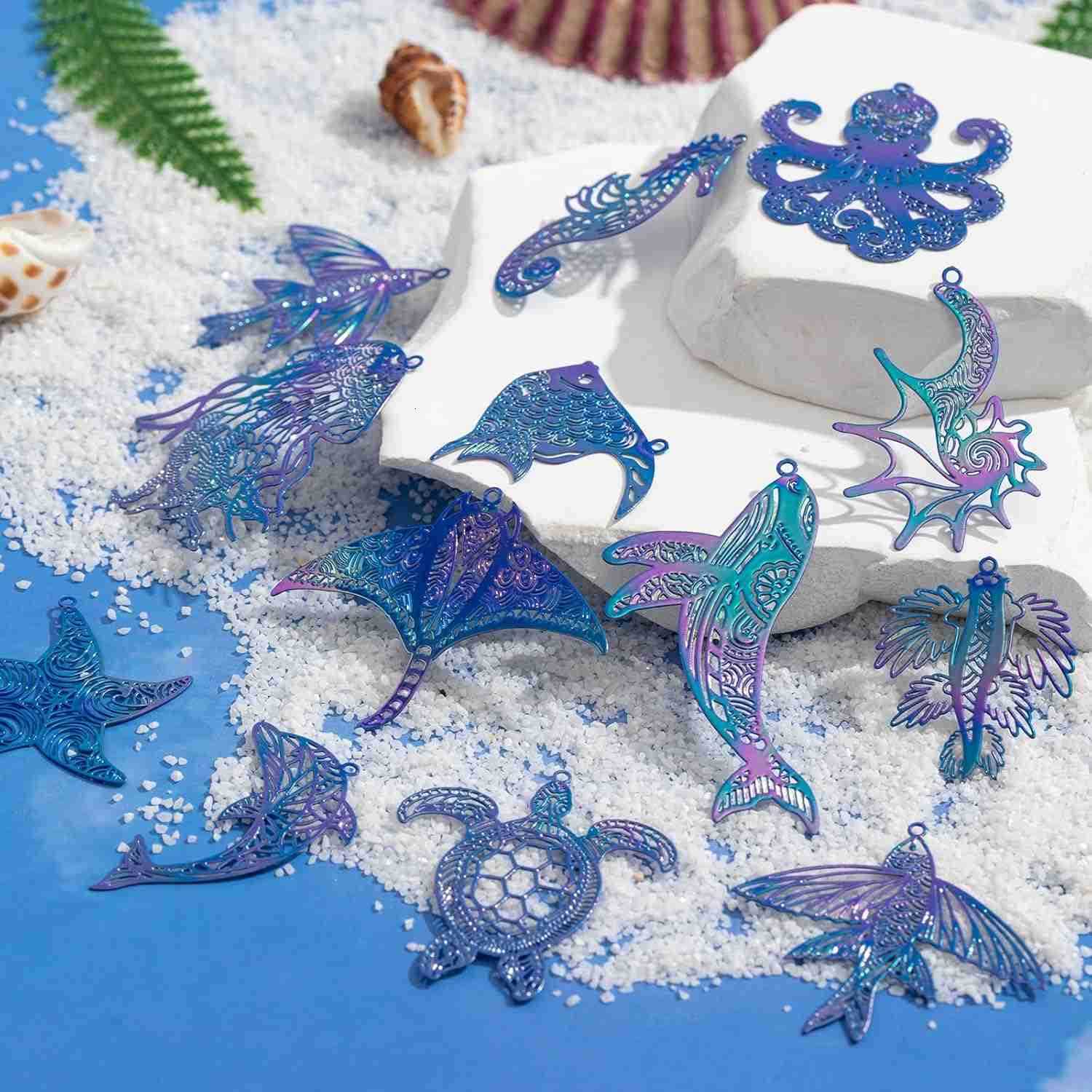 24pcs Assorted Ocean Charms Dazzling Colorful Filigree Metal Embellishment Hollow Sea Animal Pendants for DIY Jewelry Making Earrings Necklaces Hangin