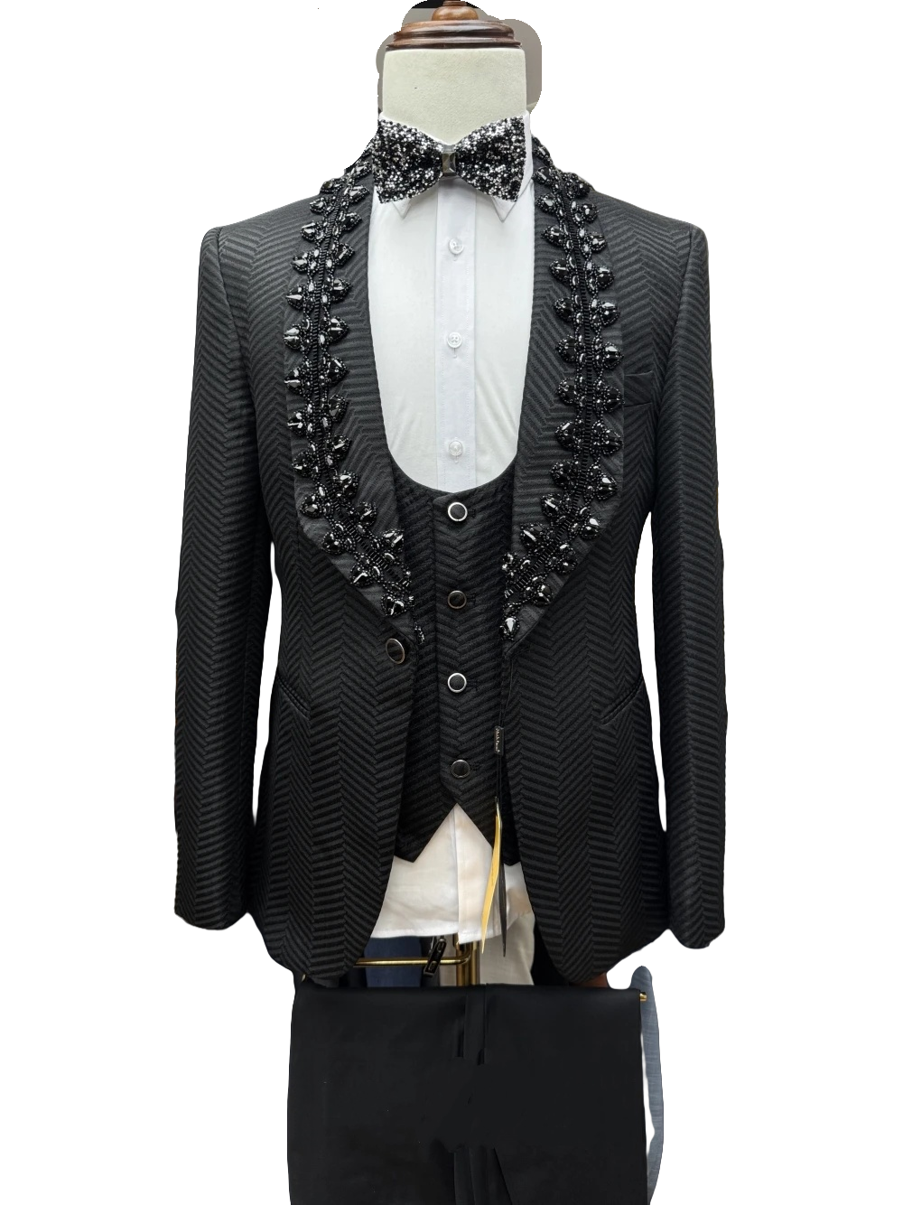 Luxury Men's Suit Shawl Lapel Beads 2 Pieces Set Tailor-Made Jacket Herringbone One Button Crystal Beading Blazer Customized Coat Pants Plus Size