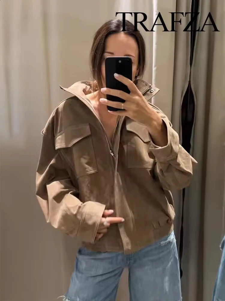 Women Suede Jacket Spring Fashion Long Sleeve Zipper Loose Coat Chic Female High Street Outerwear 250911