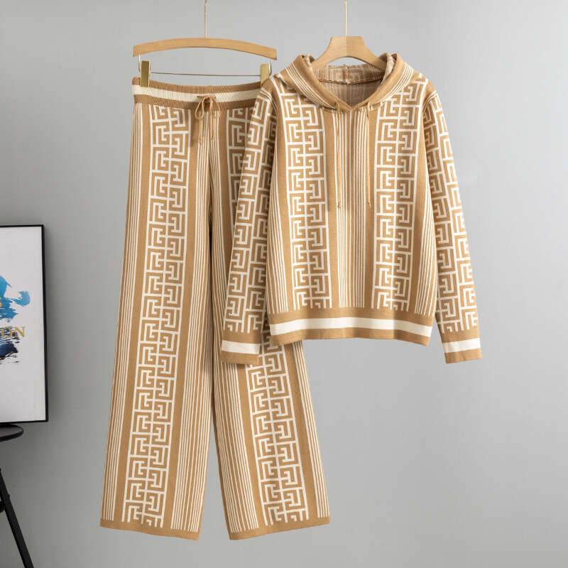Knitted Suit For Women, Autumn And Winter, Elegant Hooded Sweater, Slimming Wide-Leg Pants, Two-Piece Set, Trendy