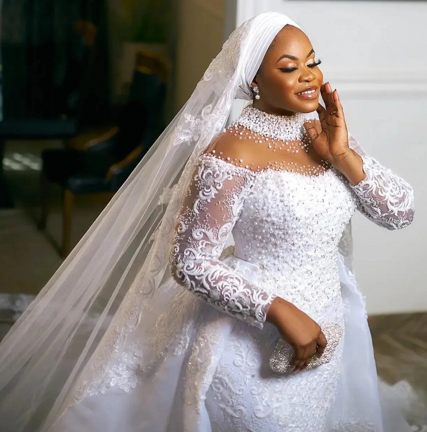 Plus Size Arabic African Wedding Dress Detachable Train High Neck Sequins Beads Lace Appliques Mermaid Bridal Gowns Vestidos De Novia