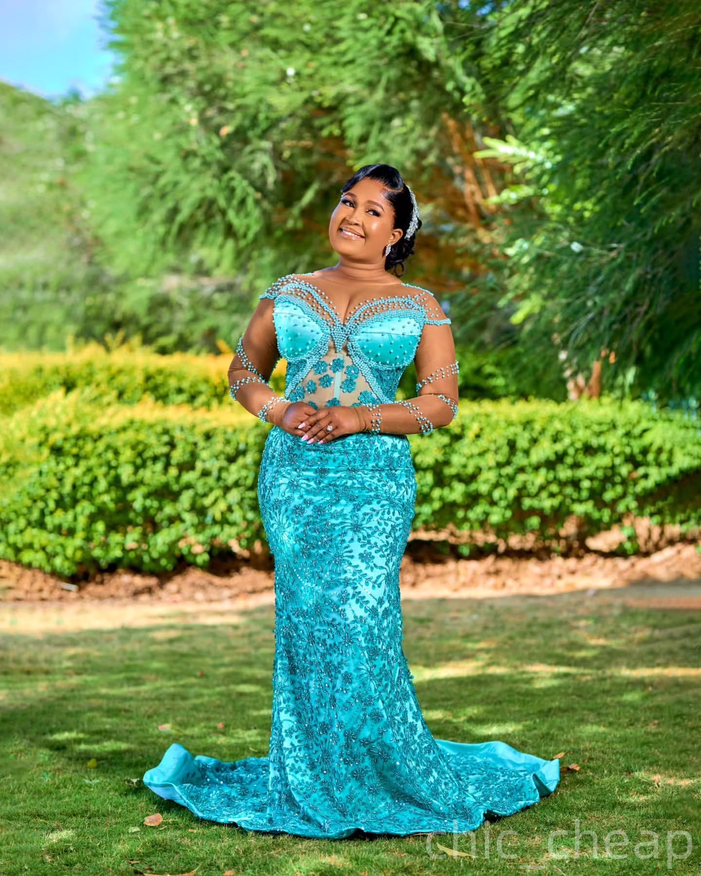 Sky Blue Mermaid Prom Dresses 2025 Pearls Beaded Sequined Sheer Neck Evening Formal Party Second Birthday Engagement Gowns Plus Size Dress For Special