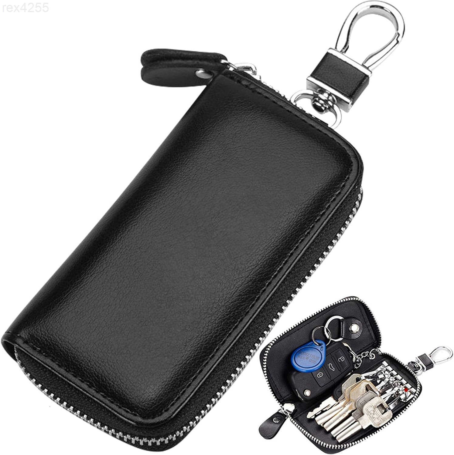 Leather Car Key Case Holder Black Keychain Case Bag Universal Car Key Fob Bags for Men Women Auto Key Chain Protector Cover Key Ring Zipper Bag with 6