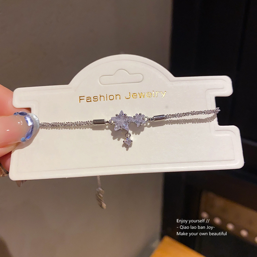 Silver - Toned Bracelet With Star - Shaped Crystal Details, Dainty Hanging Accent Delicate Daily & Dreamy Jewelry Gift For Her High - Quality And Eleg