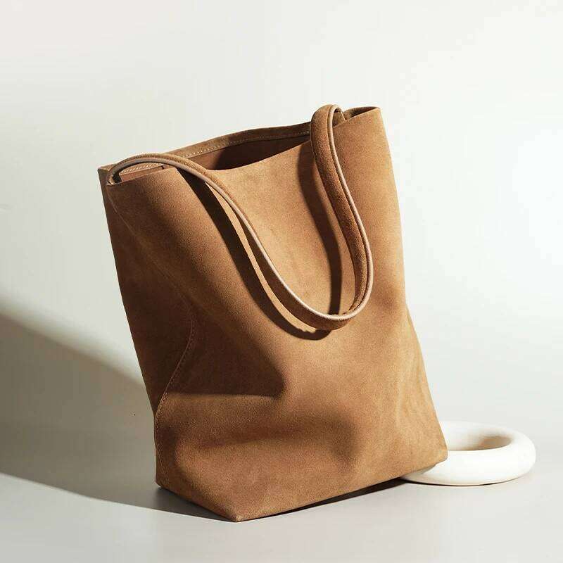 Frosted Cowhide Vintage Women's Large Capacity Suede Fashion Bucket Shoulder Bag Solid Color Simple Casual Commuter Bags