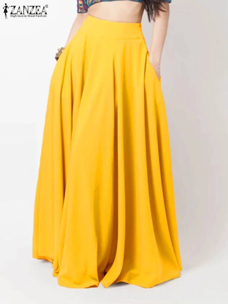 2024 ZANZEA Women Spring Sundress Fashion Maxi Skirts Elegant Long Party Vestidos Female High Waist Solid Robe Beach Faldas Saia dongdumaoyi