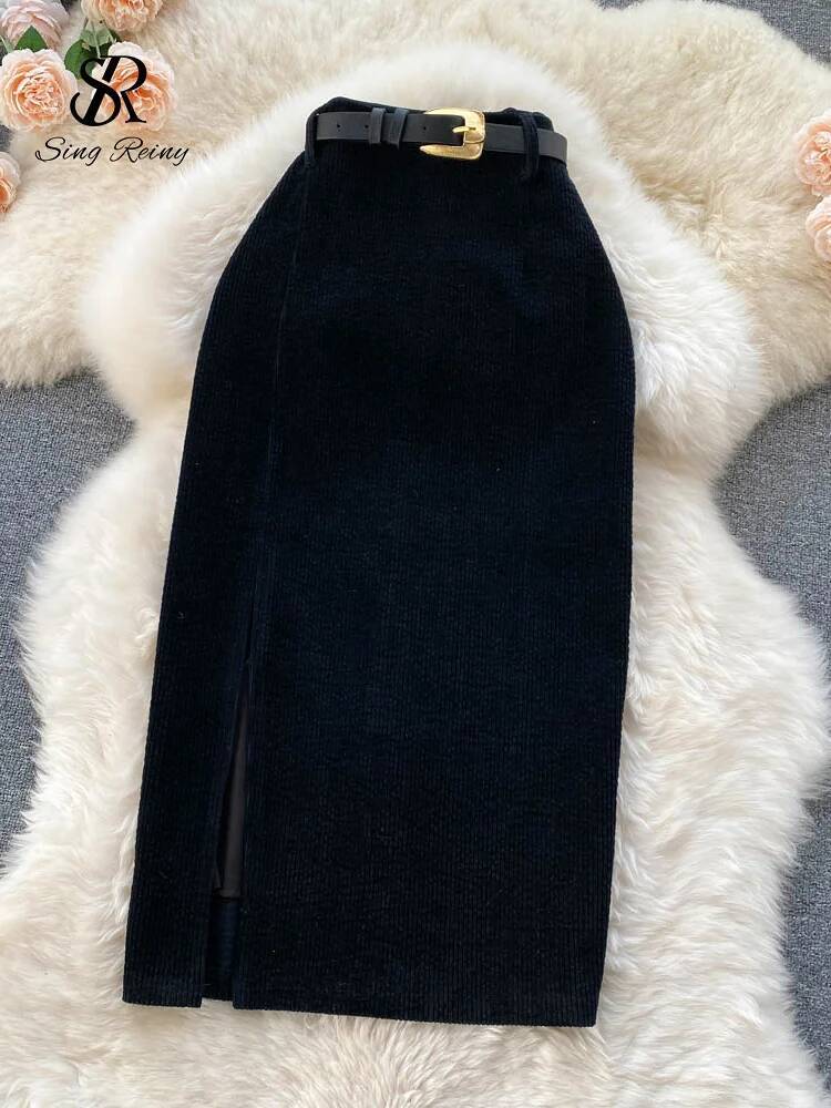 SINGREINY Women Korean Split Sexy Long 2024 Winter Corduroy Slim Thick Streetwear Fashion Vintage Autumn Bodycon Skirt dongdumaoyi